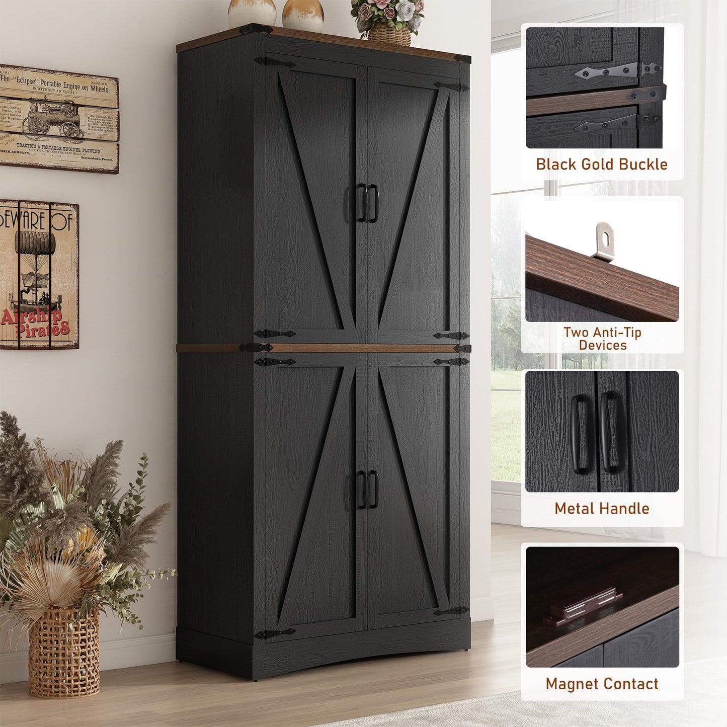 71" Tall Kitchen Pantry,Farmhouse Storage Cabinet with Adjustable Shelves,Load-Bearing Steel Pipe,Farmhouse Pantry Cabinet with 4 Barn Doors,for Kitchen,Dining Room,Living Room(Black)