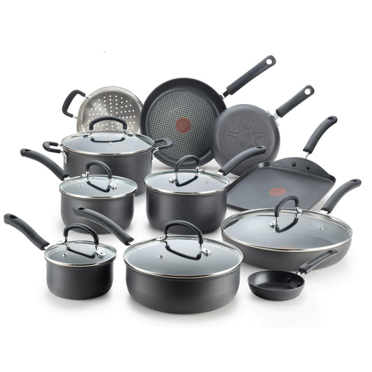 The ultimate hard anodized non-stick cookware 17-piece, lid-safe kitchen cooking set that includes griddle, pan, griddle, skillet, pot and pan, dishwasher safe black