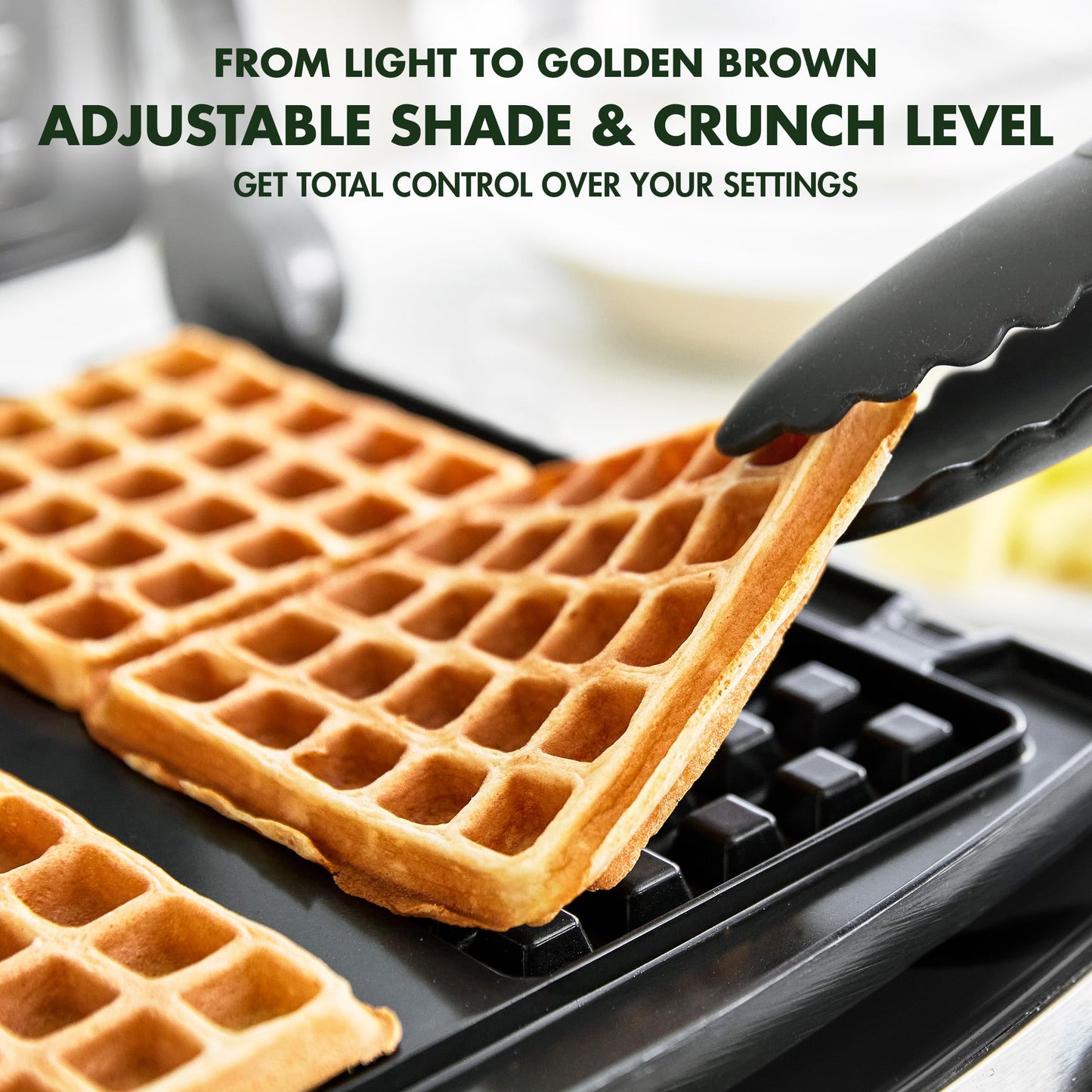 Elite 4-Square Belgian & Classic Waffle Iron, Healthy Ceramic Nonstick Aluminum Dishwasher Safe Plates, Adjustable Shade/Crunch Control, Wont Overflow, Easy Cleanup Breakfast