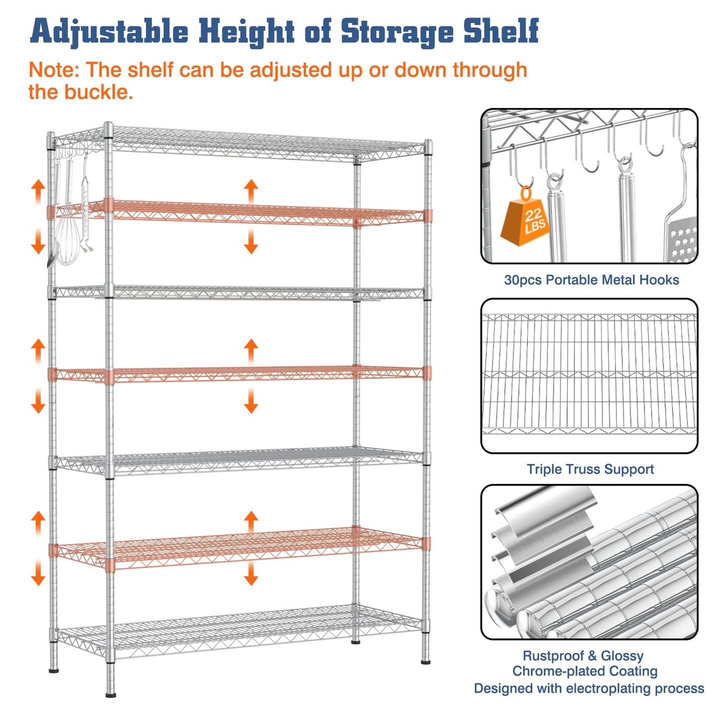 Wire Shelving Unit with Wheels, 4 Tier Adjustable Storage Shelves 48"×24"×72", 2400LBS Heavy Duty Shelving Commercial Grade Metal Storage Utility Rack for Kitchen Garage, Chrome