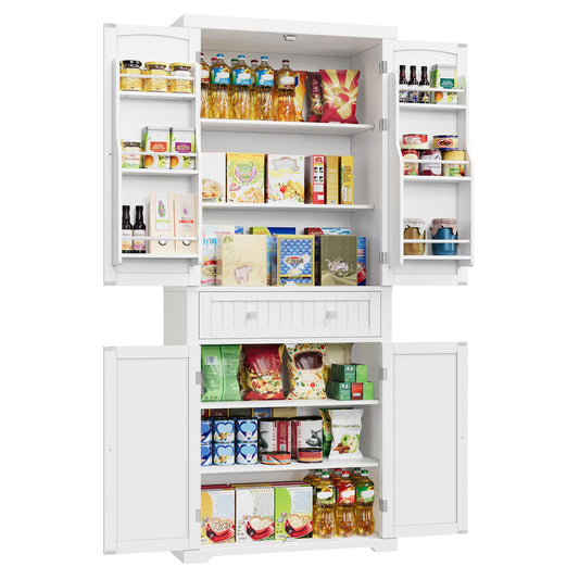 Pantry Cabinet, 71.7-Inch High Freestanding Tall Cupboard Dining Storage Cabinet with a Drawer, 2 Cabinets, 4 Adjustable Shelves, 6 Door Shelves, for Living Room, Kitchen, White UBBC561P31V2