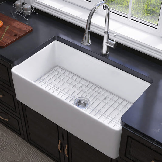 Farmhouse Sink 33 Inch - Apron Front Kitchen Sink Reversible 33"x18"x10", Undermount Installation, Farm House Style Single Bowl, Solid Fireclay, Glossy White, for Kitchen