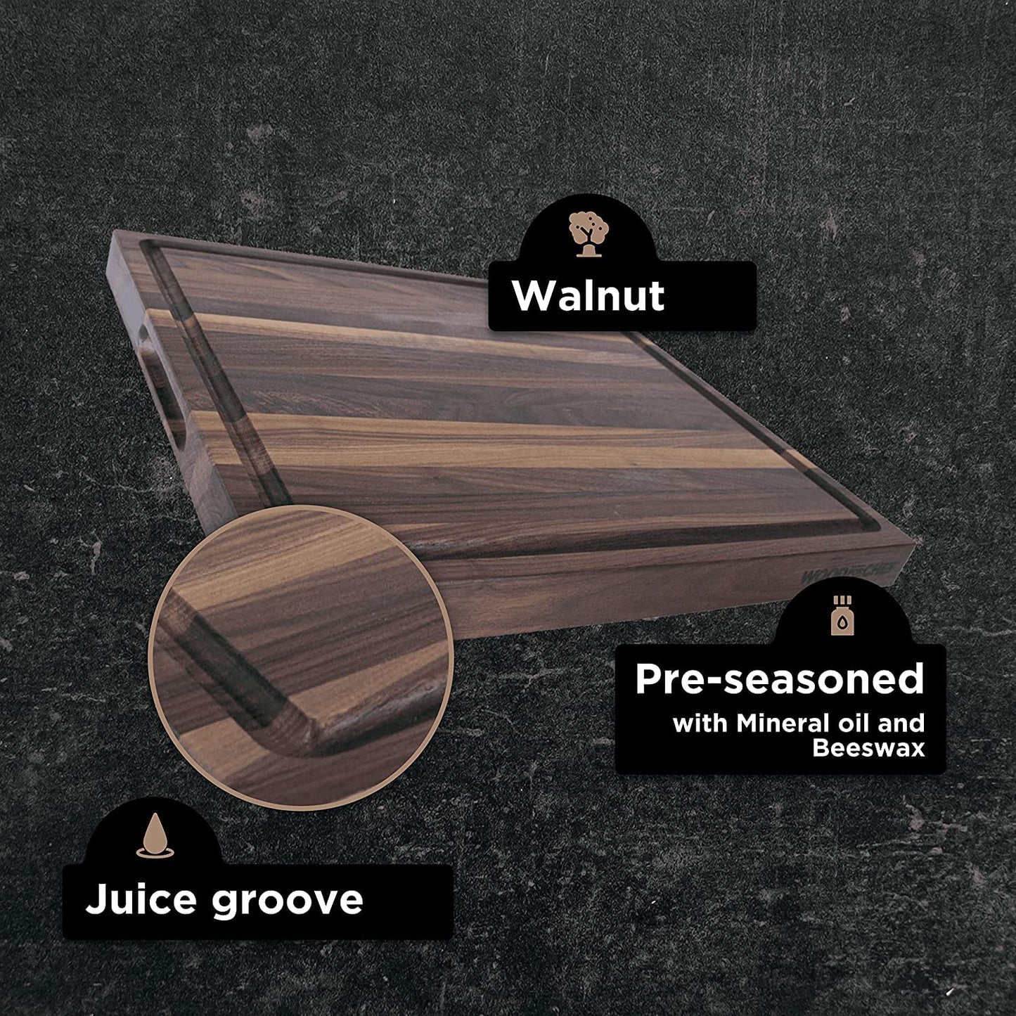 Oversized XL Cutting Board - Heavy Reversible Cutting Board with juice tanks for cutting meat and juicy vegetables is easy - Walnut Cutting Board - 24x18x1.5