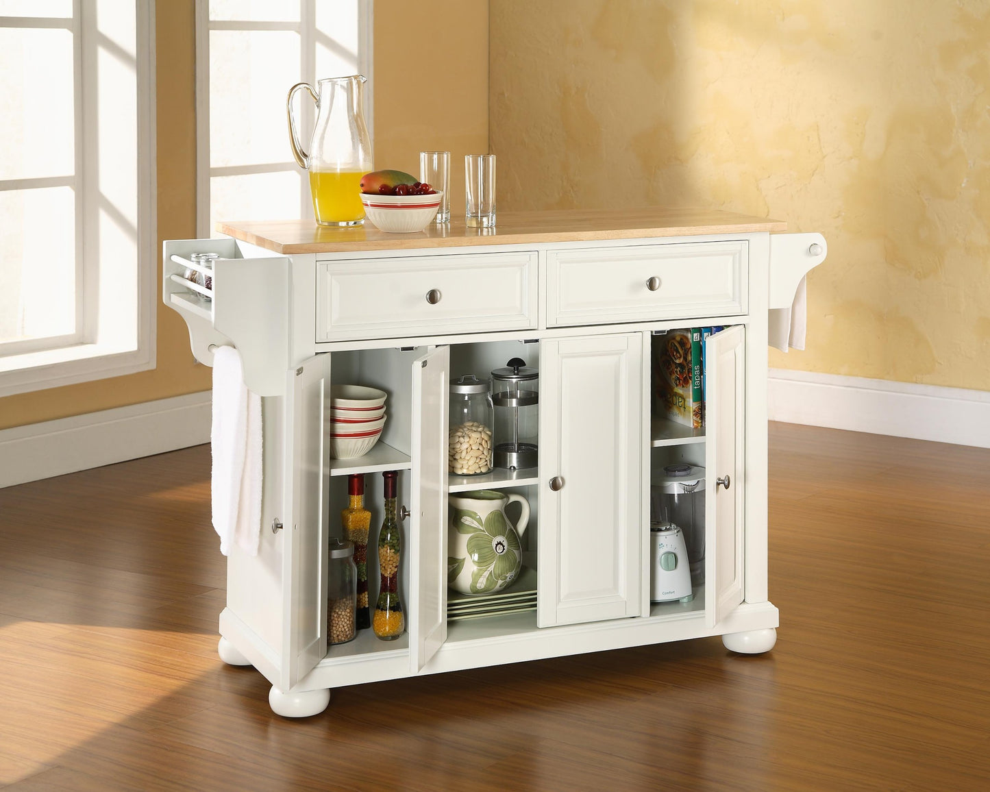 Alexandria Wood Top Rolling Kitchen Island Storage Cart, Microwave Stand, Spice Rack, White