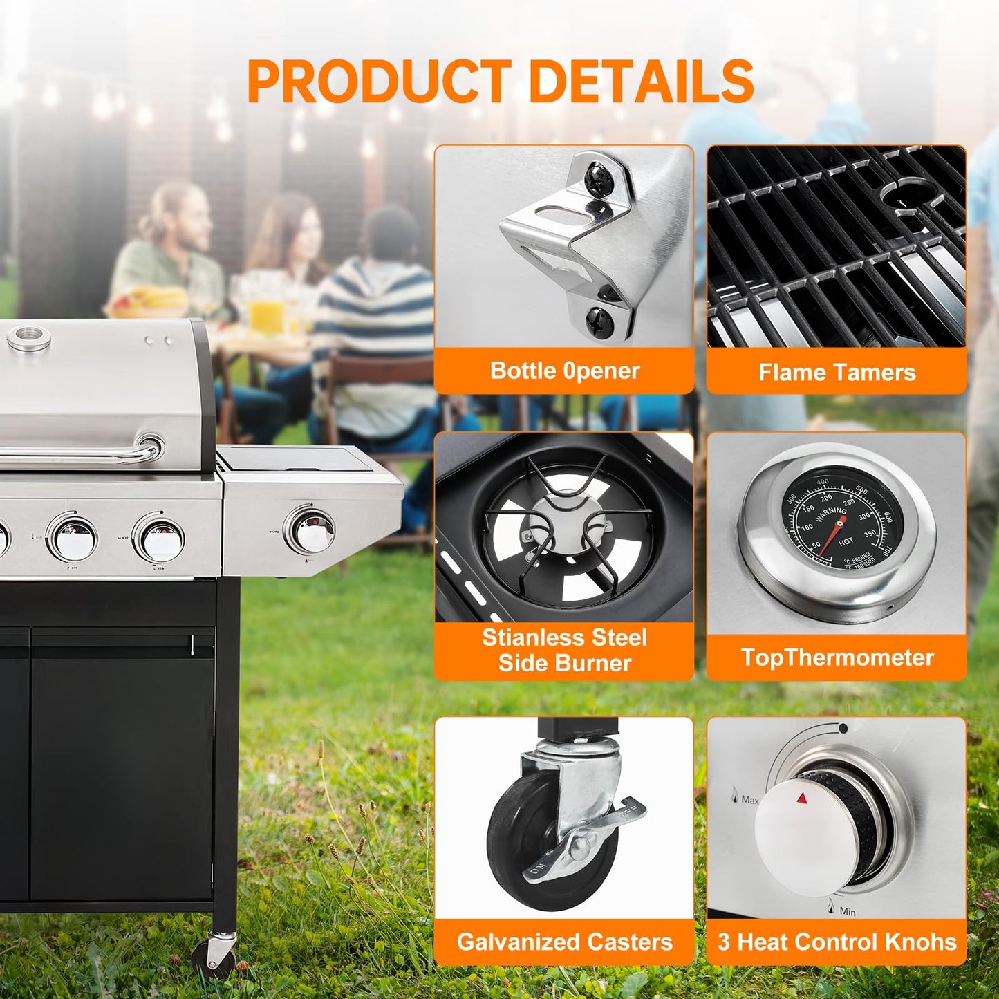 4 Burner Propane Gas Grill with Side Burner, Stainless Steel BBQ Grill 48,500 BTU for Outdoor Cooking Kitchen, Garden and Patio Backyard Barbecue, Black and Silver