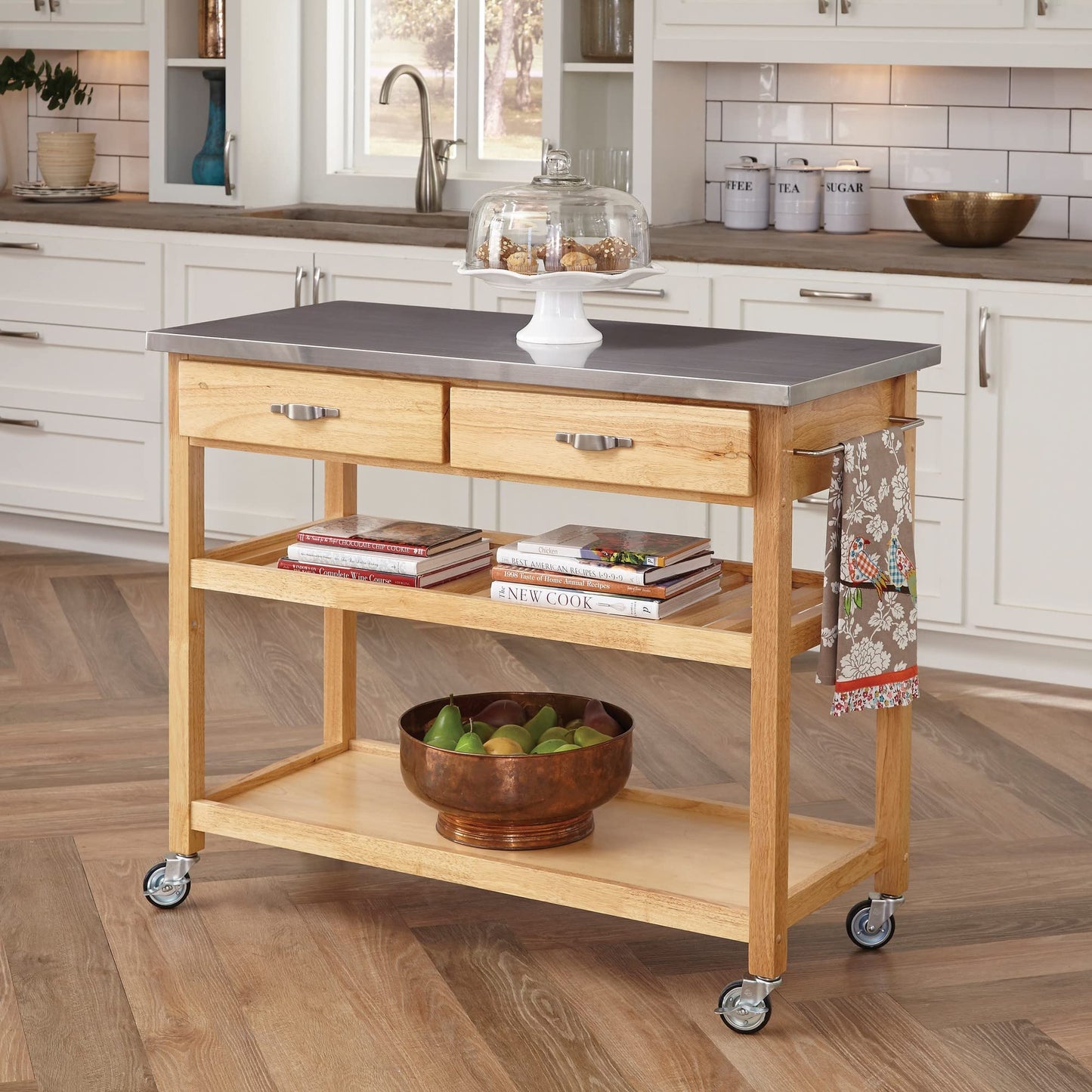 Home Styles Natural Designer Utility Kitchen Cart with Stainless Steel Top, Two Utility Drawers, Adjustable Shelf and Industrial Casters, Optional Wine Storage,Brown