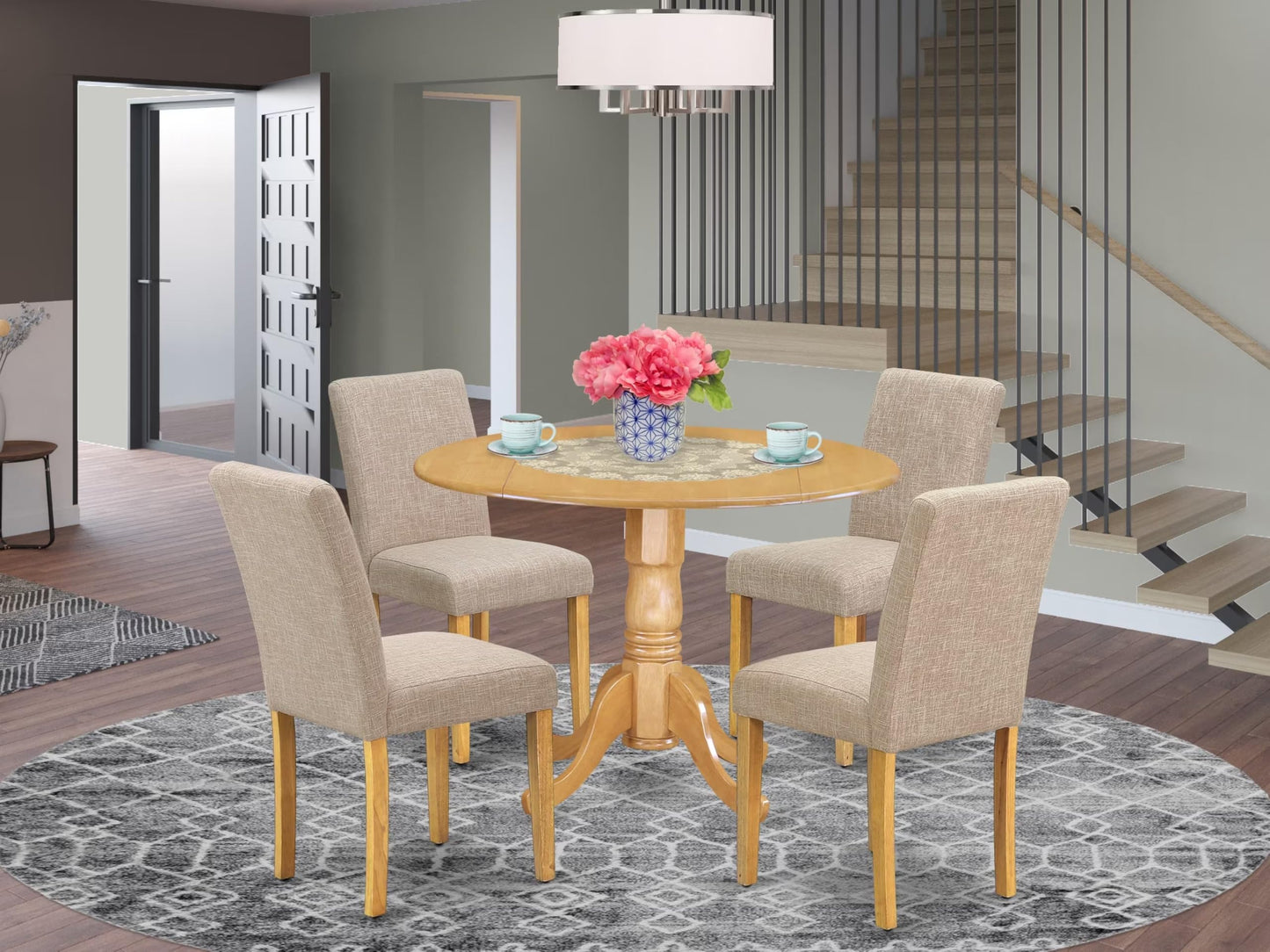 5 Piece Dinette Set for 4 Includes a Round Dining Room Table with Dropleaf and 4 Light Tan Linen Fabric Parsons Dining Chairs, 42x42 Inch, Oak