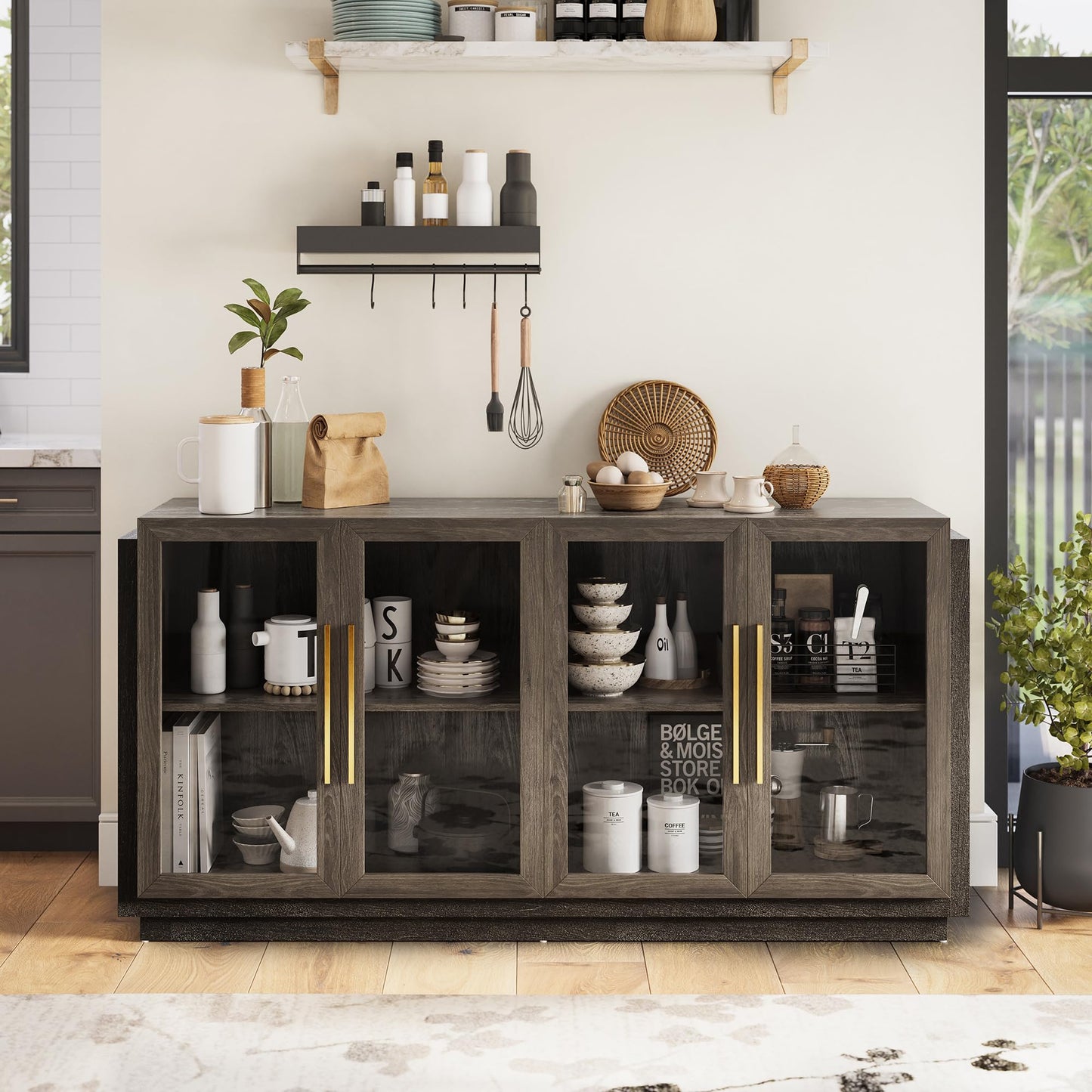 Sideboard Buffet Cabinet, Modern Wood Glass-Buffet-Sideboard with Storage, Console Table for Kitchen, Dining Room, Living Room, Hallway, or Entrance - Brixston (Brown)