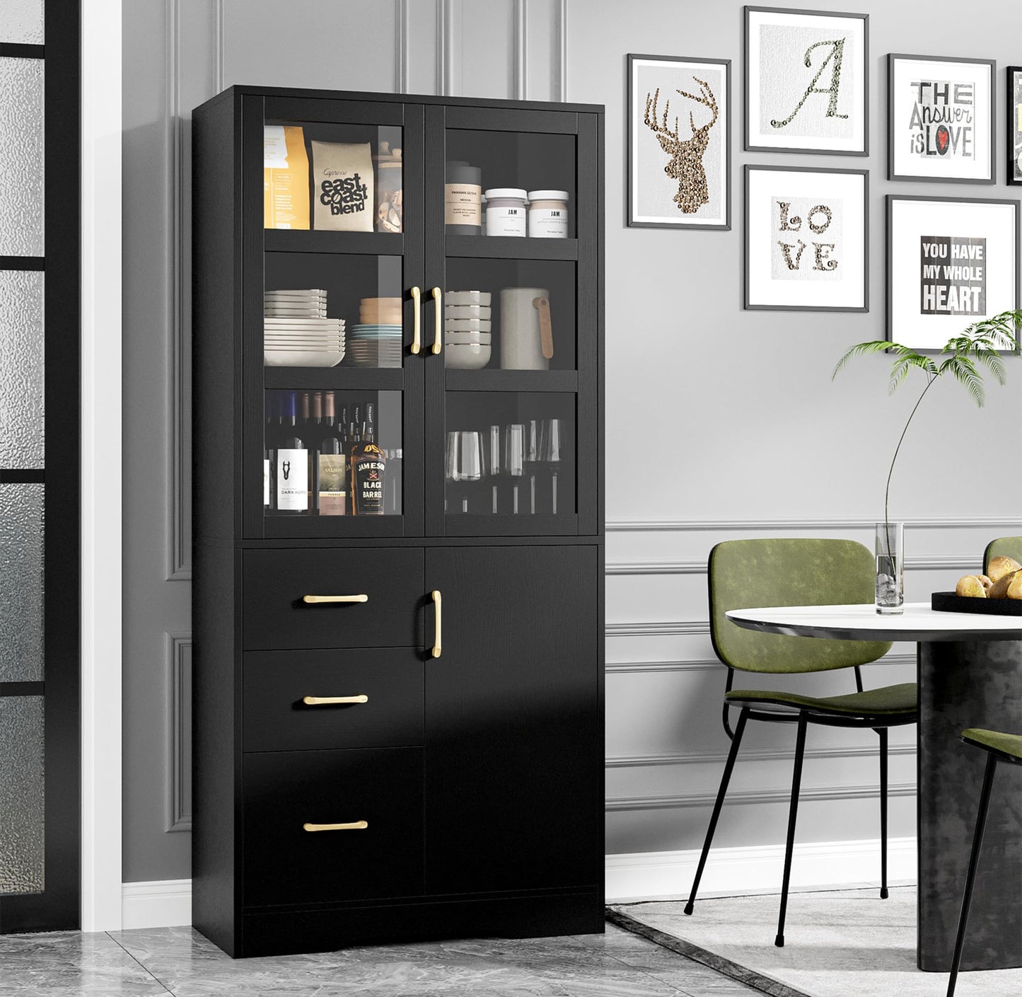 Tall Storage Cabinet with Glass Display Cabinet Doors & Shelves & 3 Drawers, 67”H Kitchen Pantry Cabinet with Gold Handle, Modern Linen Cabinet for Living, Kitchen and Dining Room, Office, Black