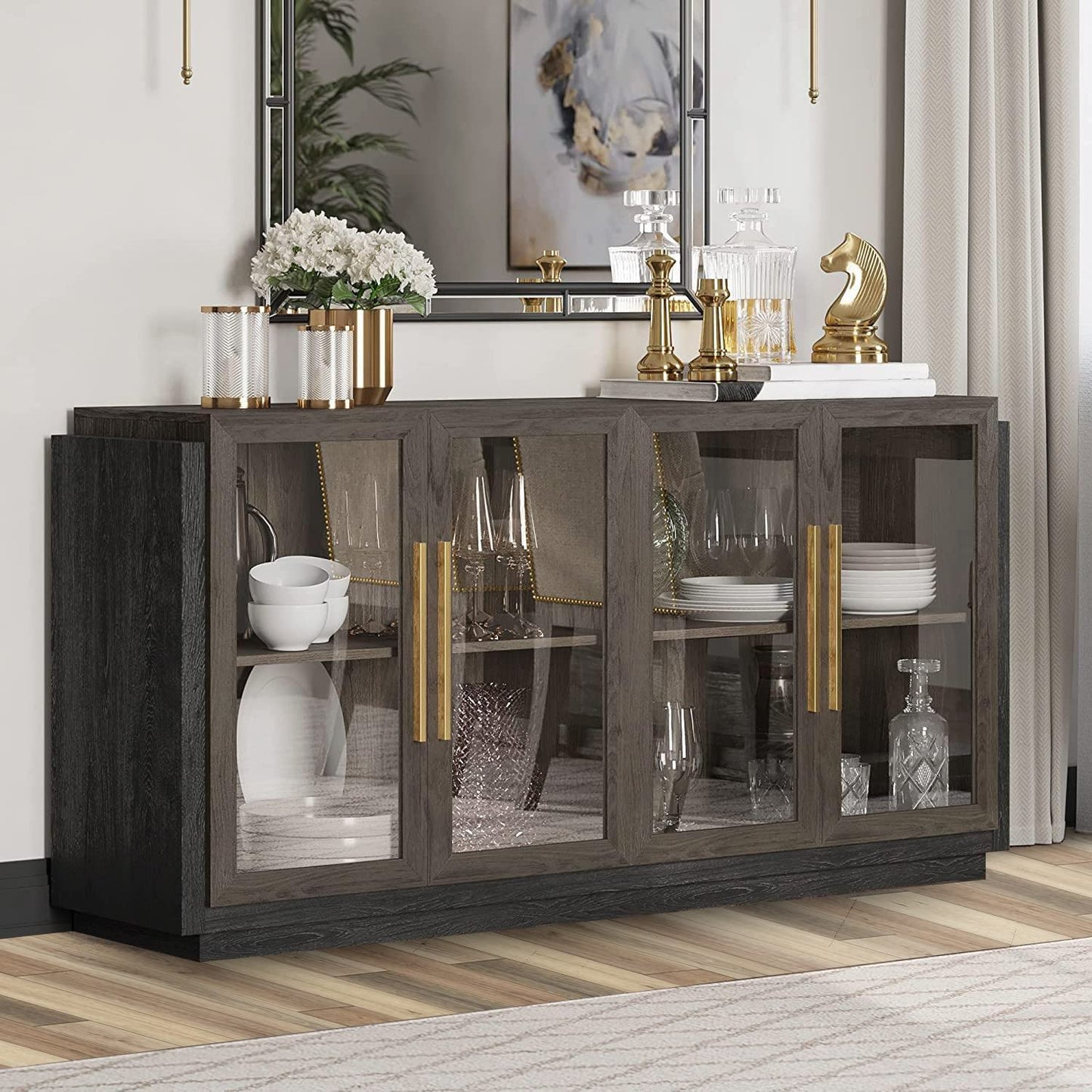 Sideboard Buffet Cabinet, Modern Wood Glass-Buffet-Sideboard with Storage, Console Table for Kitchen, Dining Room, Living Room, Hallway, or Entrance - Brixston (Brown)