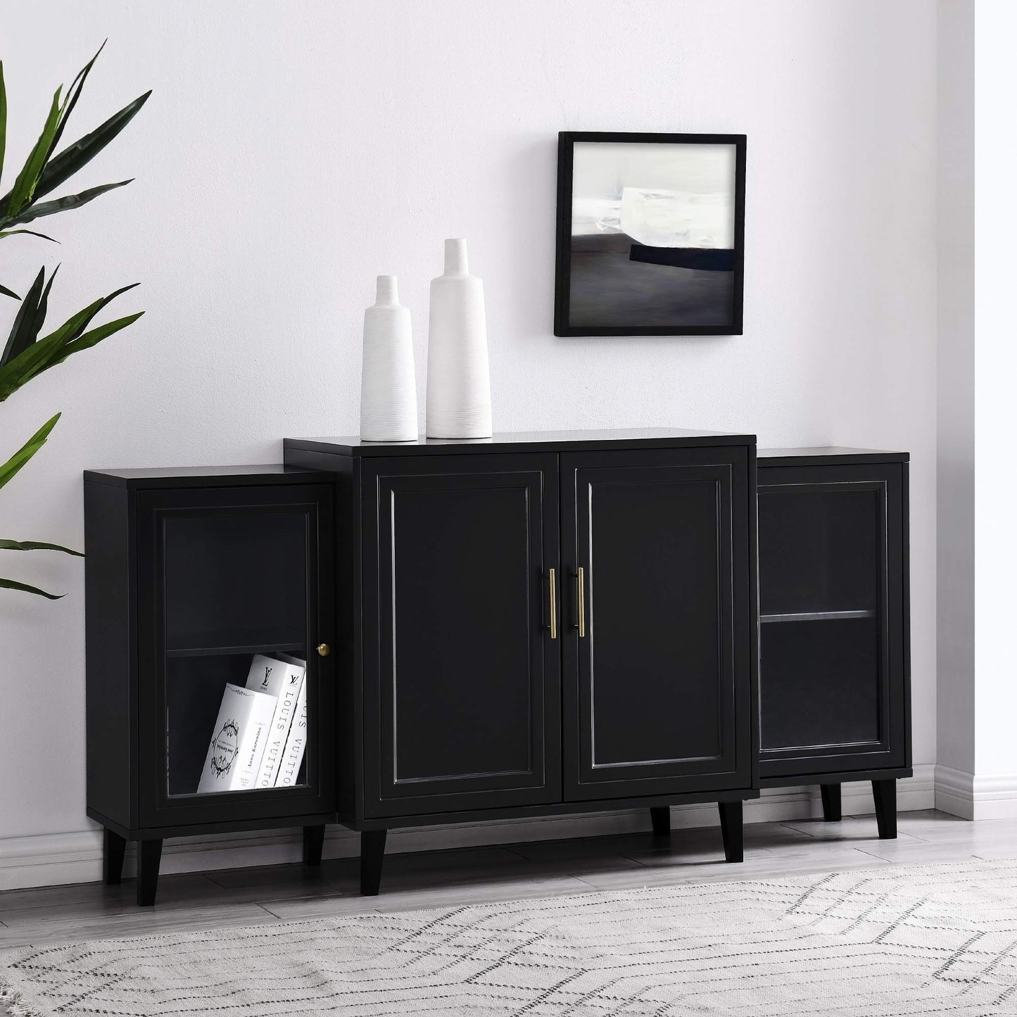 4-Door Tiered Modern-Sideboard-Buffet Stand for Storage, 62, Black