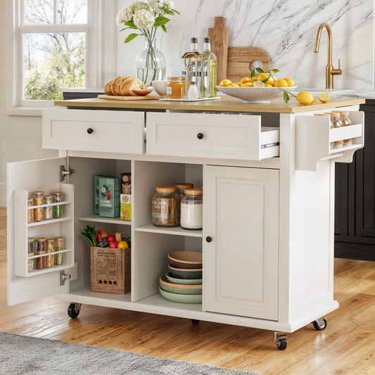 Rolling Kitchen Island with Drop Leaf, Large Kitchen Island on Wheels with Storage and 2 Drawers, Mobile Island Cart for Kitchen with Bamboo Countertop, Towel Rack, Spice Rack (White)