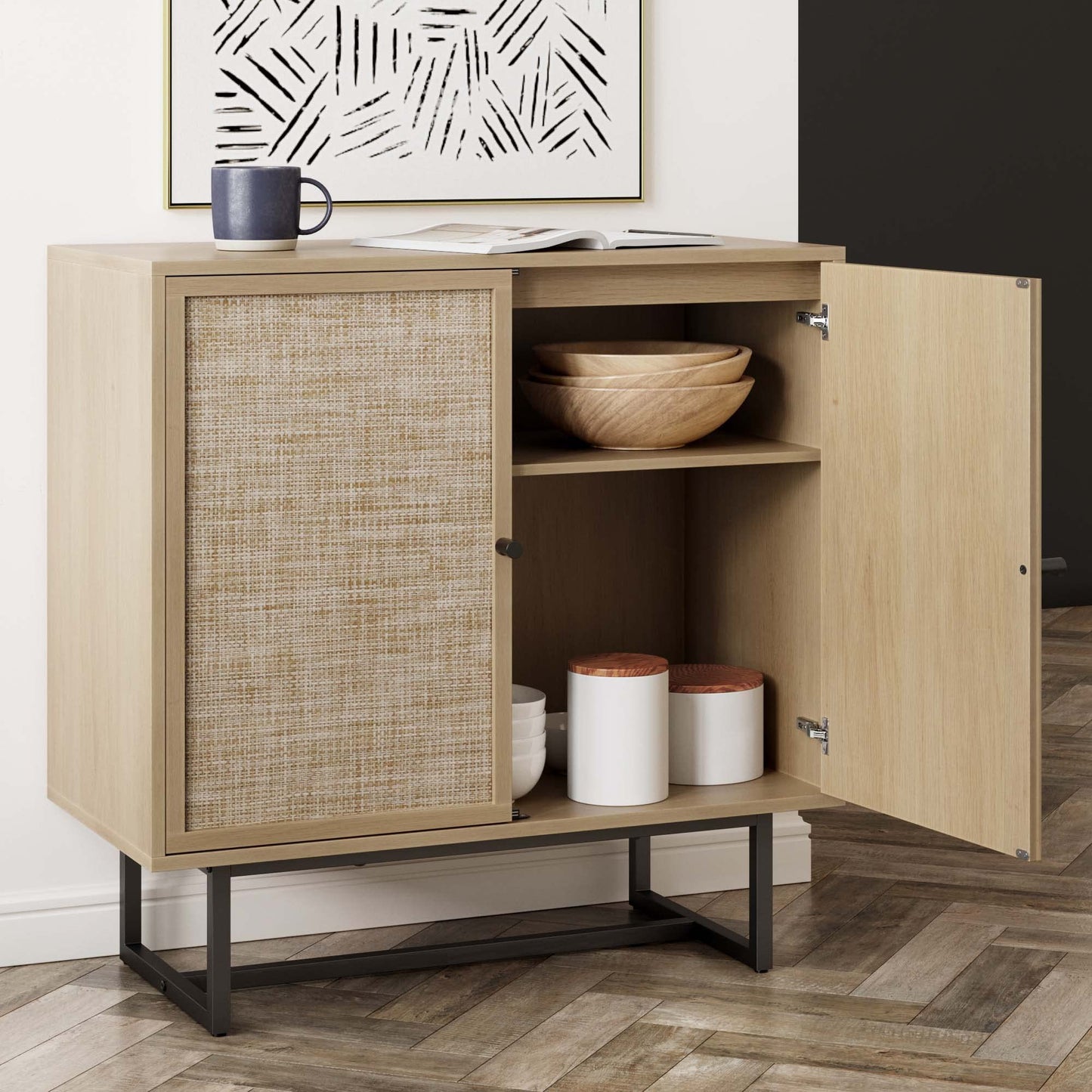 Accent Sideboard Storage Cabinet in Light Wood and Rattan with Metal Frame, Adjustable Shelves and Cane Doors, for Hallway, or Living Room, Light Oak/Cane/Black