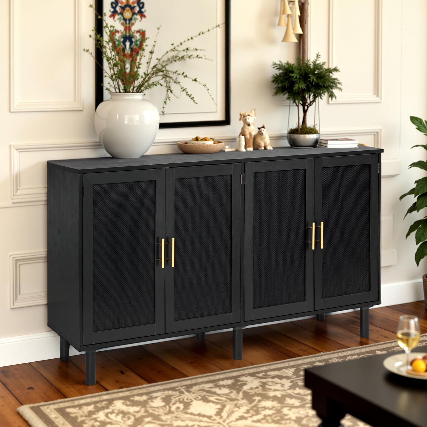 4 Door Sideboard Buffet Cabinet, Kitchen Storage Cabinet with Black Painted Rattan Decorated Doors, Cupboard Console Table, Boho Accent Liquor Cabinet, 62.3X 15.7X 34.6 Inches, Full Black