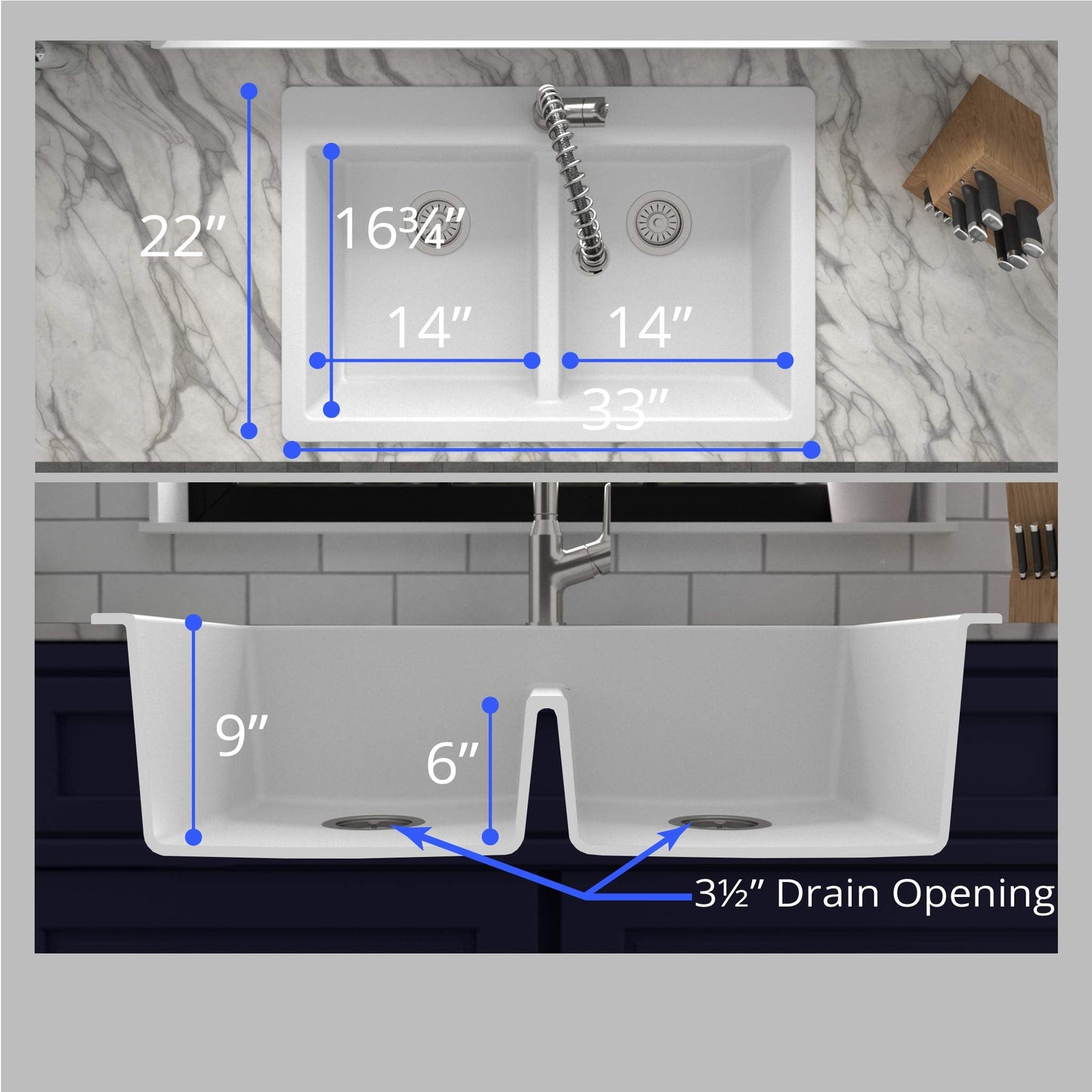 " Top Mount Double Equal Bowl Quartz Kitchen Sink in White"