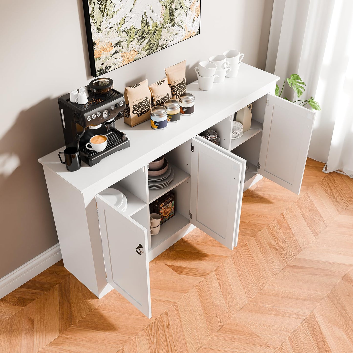 Buffet Cabinet with Storage - Kitchen Storage Cabinet Wood Console Table Coffee Bar Accent Cabinets for Living Room Dining Room Entryway White 57.5" W