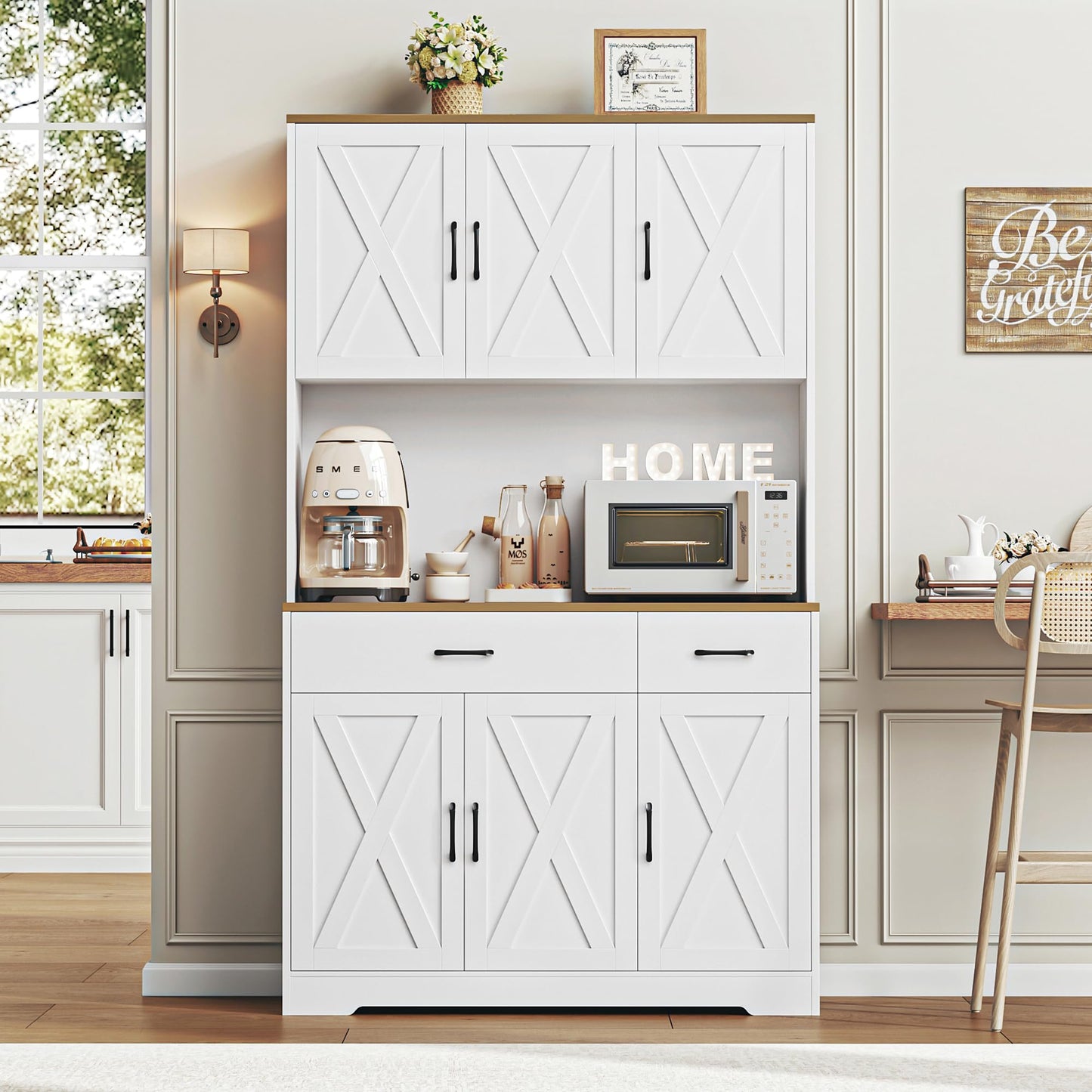 71" Pantry Cabinet with Charging Station, Tall Kitchen Pantry Storage Cabinet with Microwave Stand, Farmhouse Kitchen Hutch Cabinet with Storage Drawers for Living Room, Dining Room, White