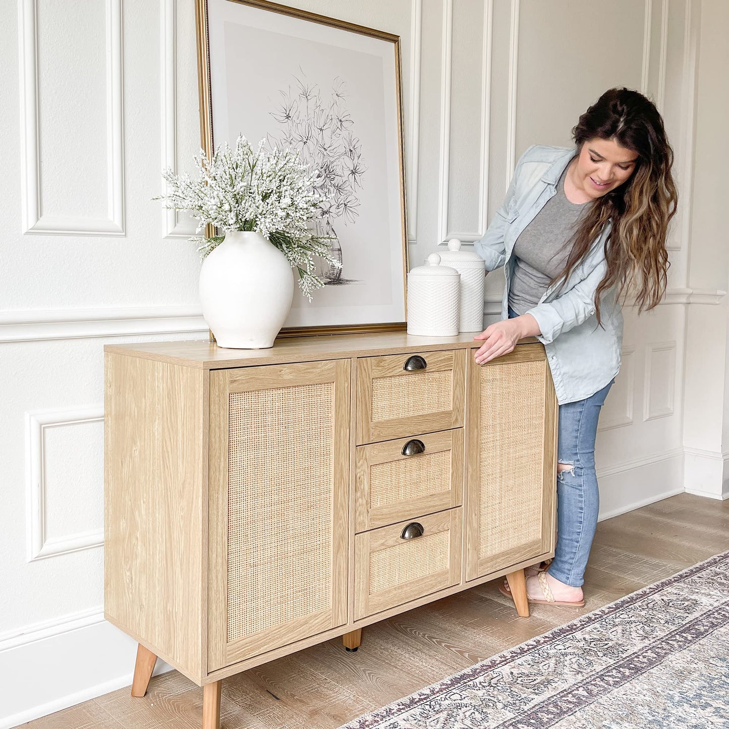 Rattan Sideboard Buffet Cabinet with Doors and Drawers, Console Table