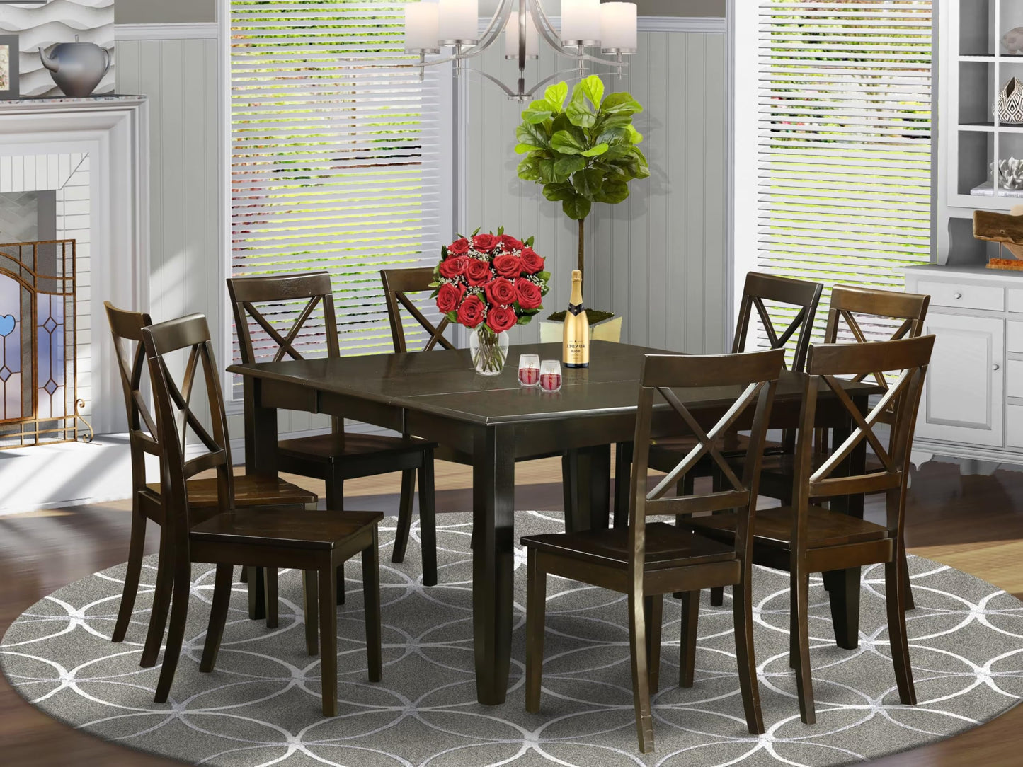 9 Piece Modern Dining Table Set Includes a Square Wooden Table with Butterfly Leaf and 8 Kitchen Dining Chairs, 54x54 Inch, Cappuccino