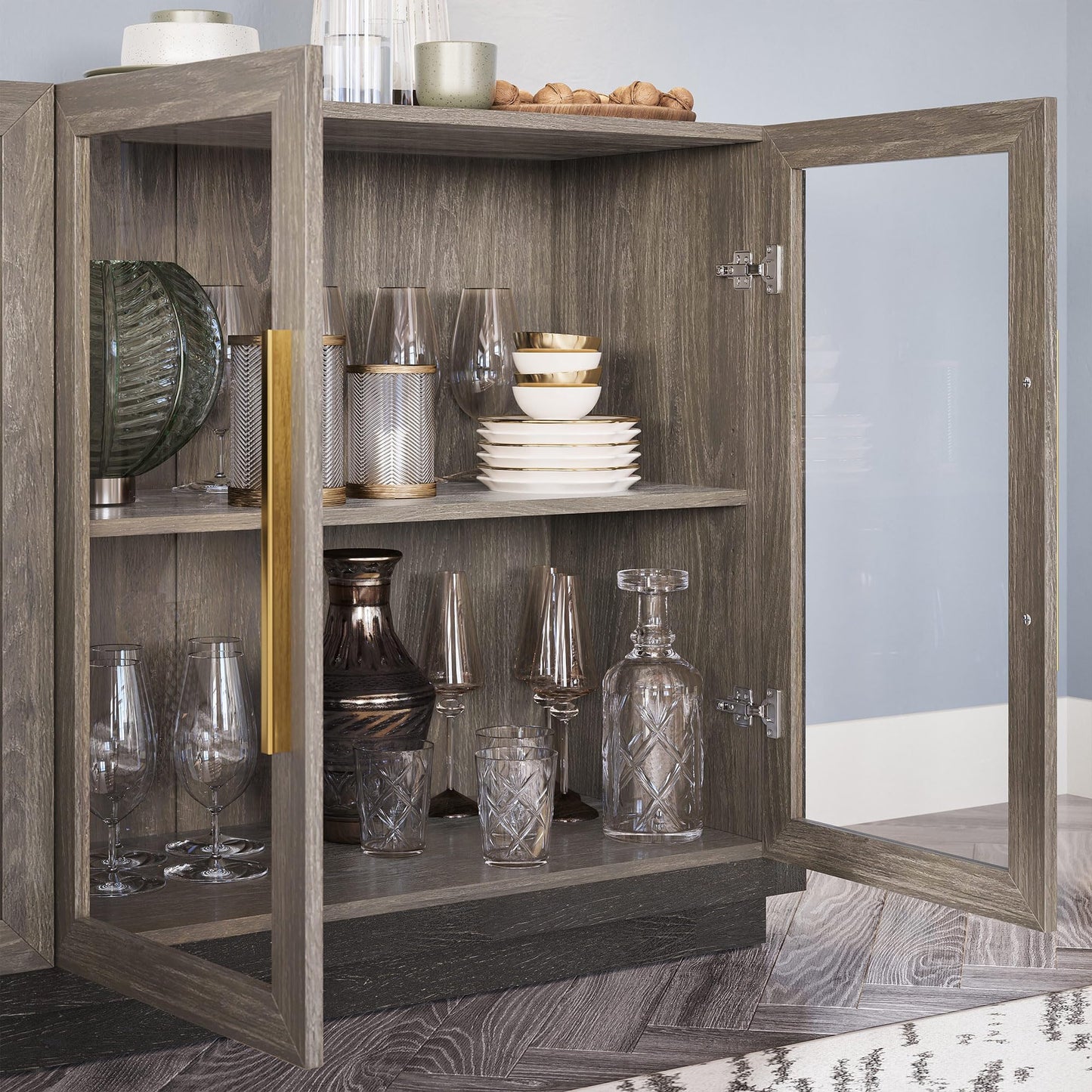 Sideboard Buffet Cabinet, Modern Wood Glass-Buffet-Sideboard with Storage, Console Table for Kitchen, Dining Room, Living Room, Hallway, or Entrance - Brixston (Brown)