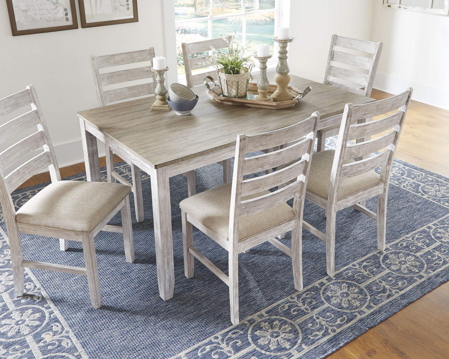 Skempton Cottage Dining Room Table Set with 6 Upholstered Chairs, Whitewash