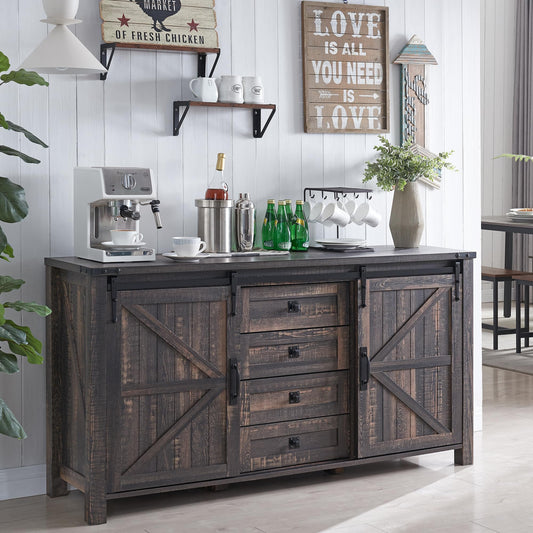 Farmhouse Sideboard Buffet Cabinet with Storage, 60" Large Kitchen Cabinet w/Sliding Barn Doors and 4 Drawers, 31.2'' Tall Rustic Wood Coffee Bar Table for Dining Room, Dark Rustic Oak