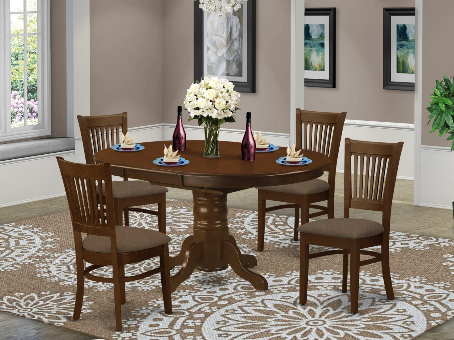 5 Piece Kitchen Table & Chairs Set Includes an Oval Dining Room Table with Butterfly Leaf and 4 Linen Fabric Upholstered Chairs, 42x60 Inch, Espresso