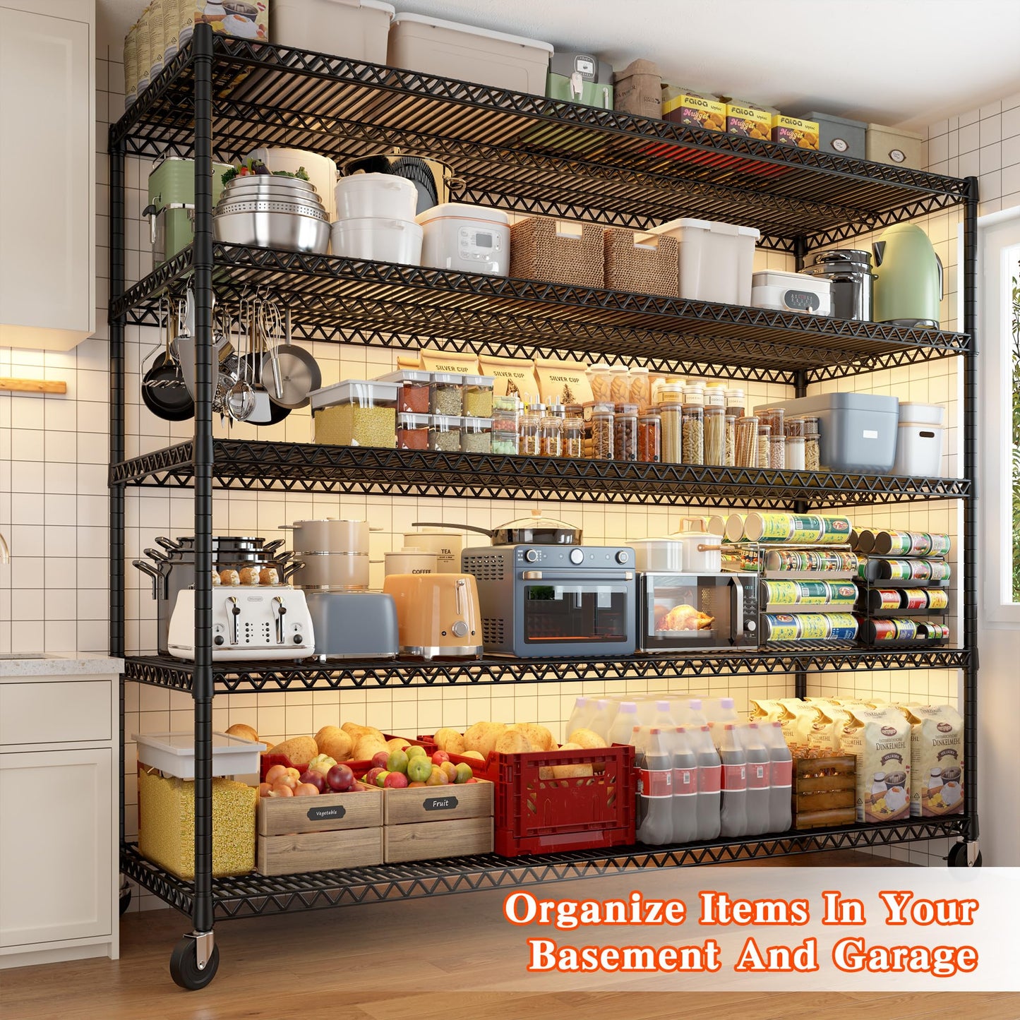 60" W Storage Shelves Wire Shelving with Wheels 3200 lbs Heavy Duty Steel Metal Shelving Unit Shelf Rack for Warehouses,Garage, Kitchen, School,Commercial,73" H X 60”W X 18" D