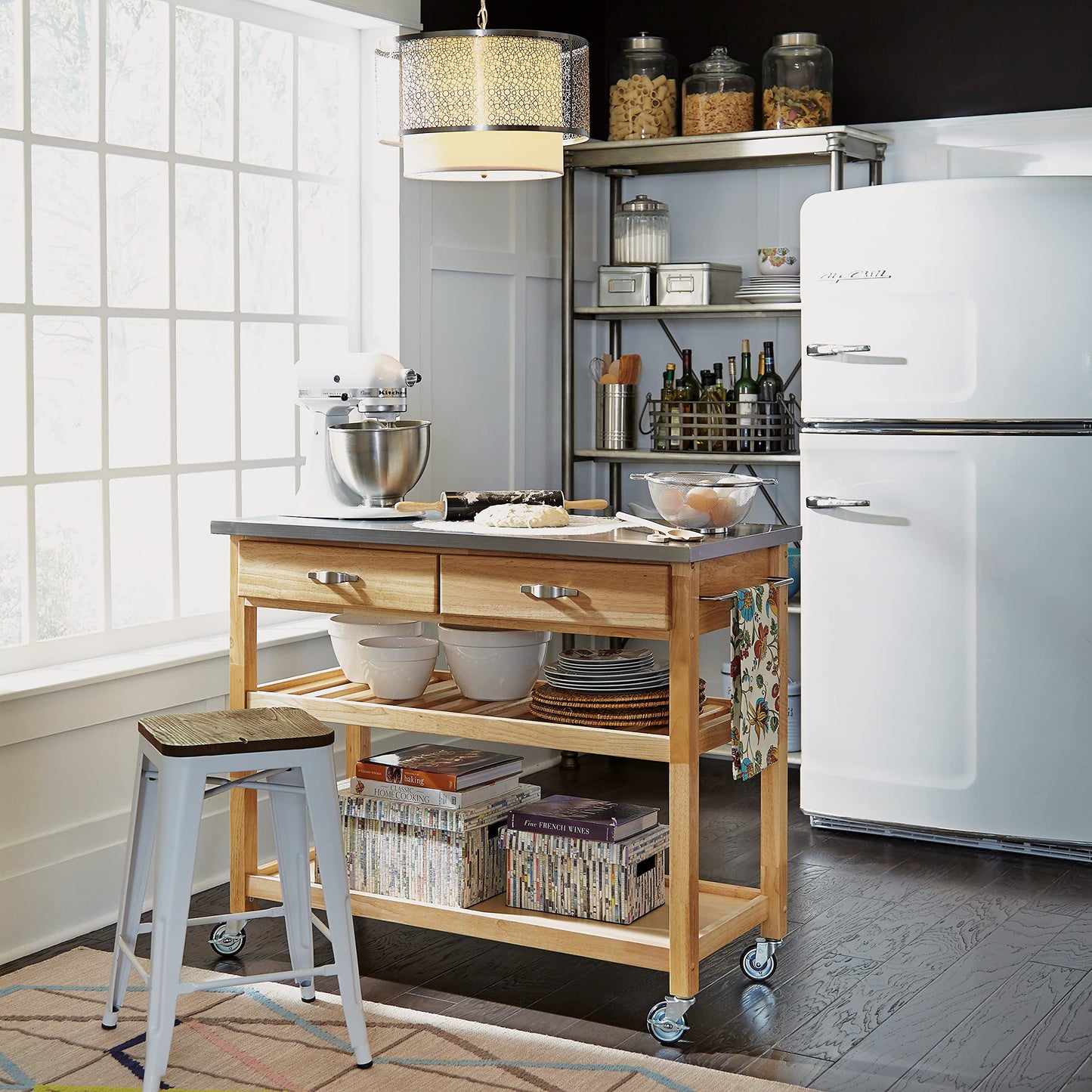 Home Styles Natural Designer Utility Kitchen Cart with Stainless Steel Top, Two Utility Drawers, Adjustable Shelf and Industrial Casters, Optional Wine Storage,Brown