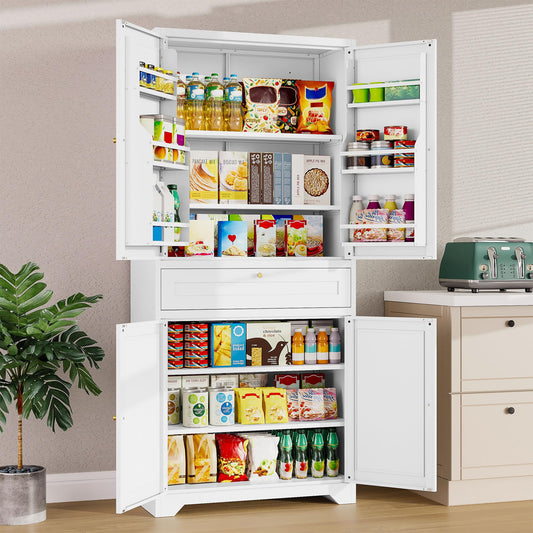 Pantry Storage Cabinet with Drawer and Adjustable Shelves,Tall Storage Cabinet with Door Shelves,Large Cupboard Closet,Metal Storage Cabinet for Home,Kitchen,Dining/Living Room (White, 71" H)