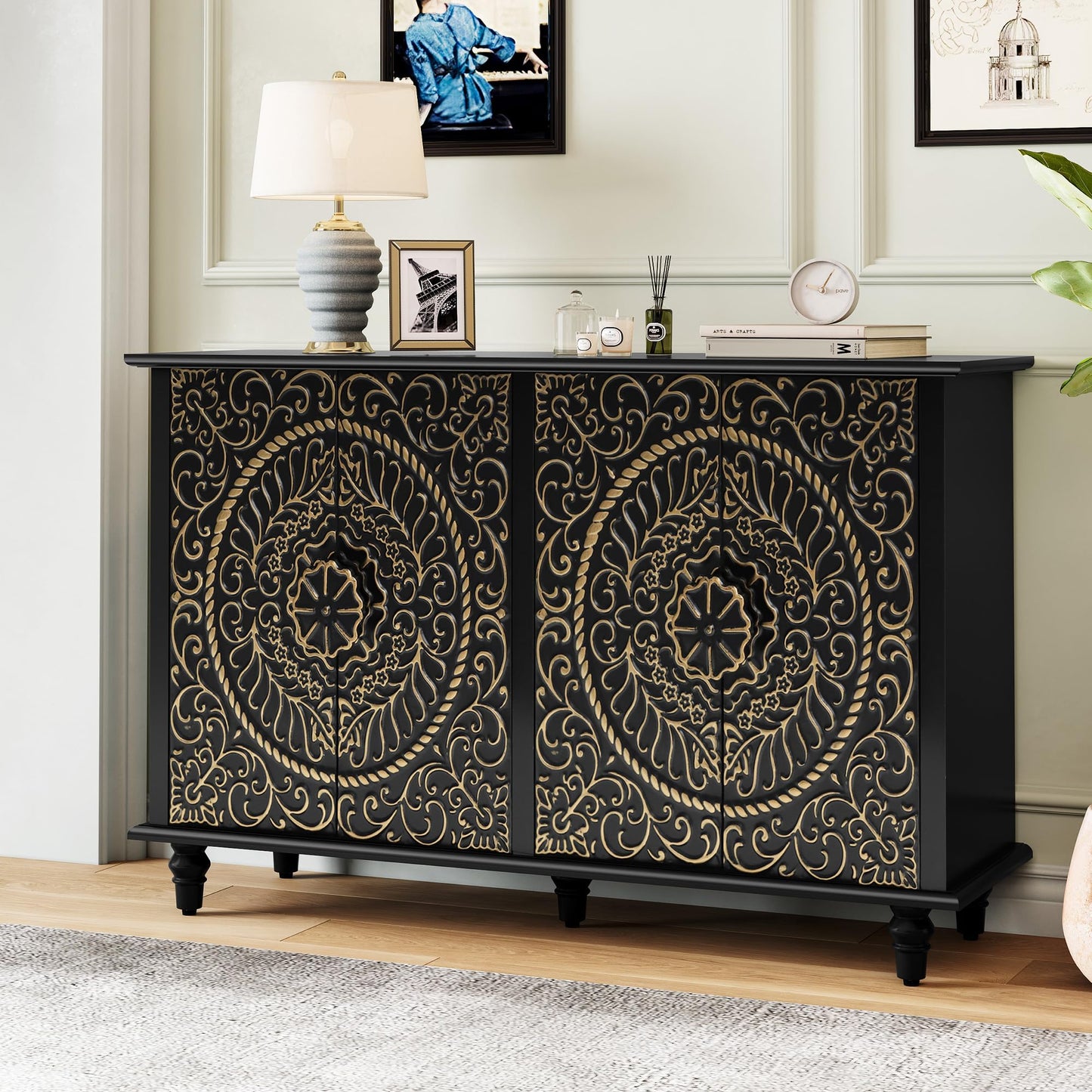 Decorative Sideboard Buffet Cabinet with 4 Doors, Black Accent Storage Cabinet with Carved Flower Pattern, Wood Credenza for Living Room, Hallway, Dining Room, Kitchen