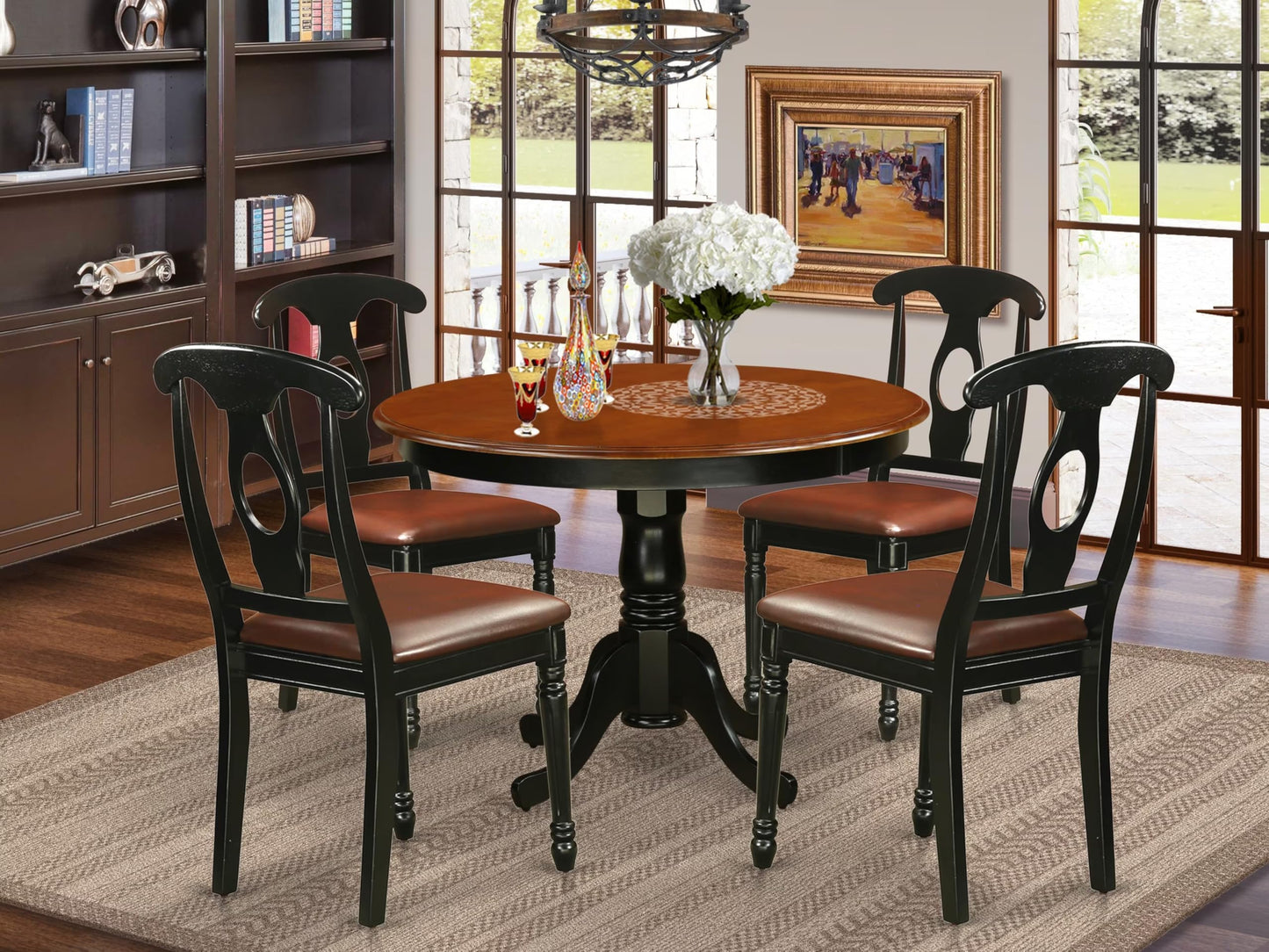 5 Piece Kitchen Table & Chairs Set Includes a Round Dining Room Table with Pedestal and 4 Faux Leather Upholstered Dining Chairs, 42x42 Inch, Black & Cherry