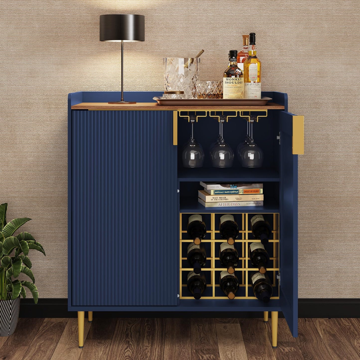 Sideboard Buffet Cabinet with Fluted Texture, Modern Coffee Bar Cabinet with Wine Rack&Drawers, Blue Liquor Cabinet for Kitchen Dining Room, Living Room