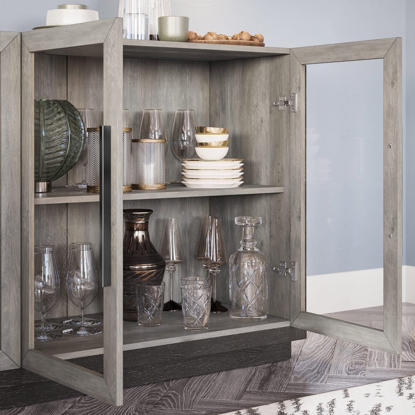 Sideboard Buffet Cabinet, Modern Wood Glass-Buffet-Sideboard with Storage, Console Table for Kitchen, Dining Room, Living Room, Hallway, or Entrance - Brixston (Grey)