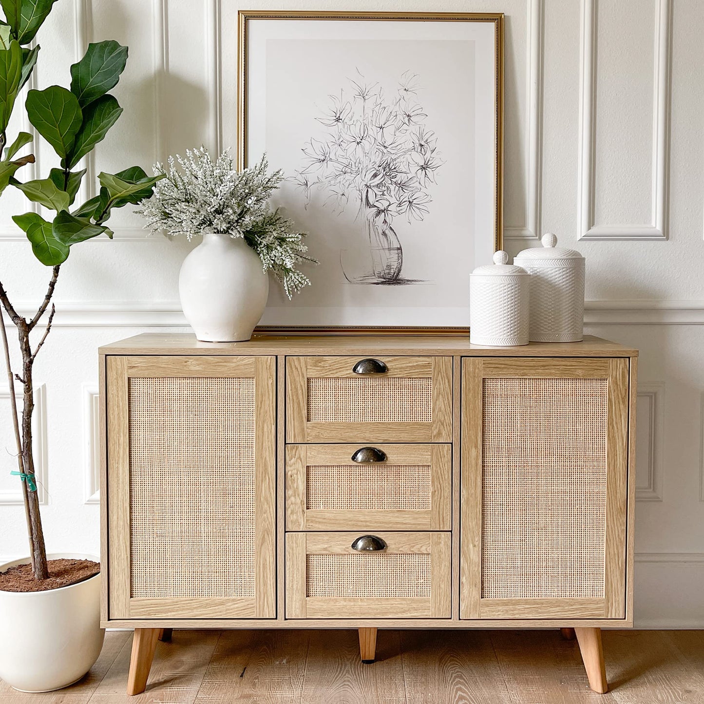 Rattan Sideboard Buffet Cabinet with Doors and Drawers, Console Table