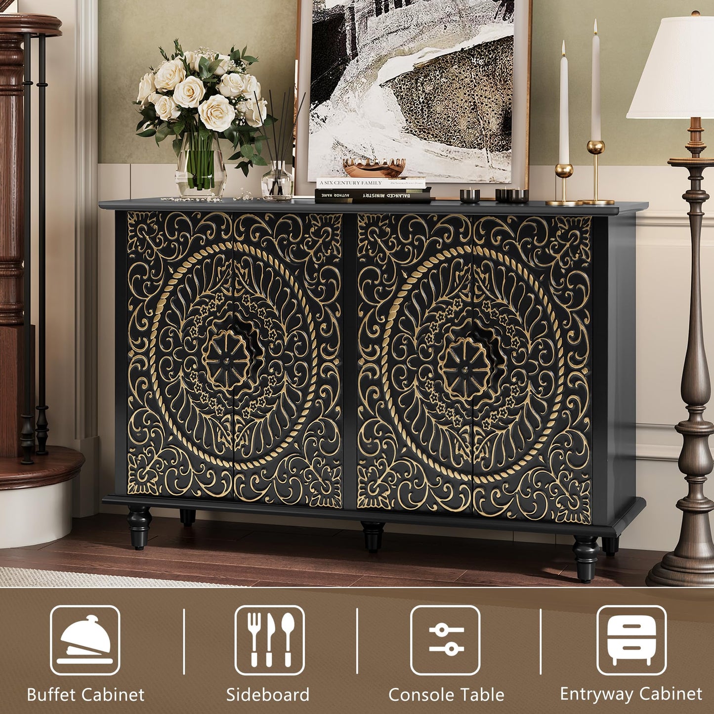 Decorative Sideboard Buffet Cabinet with 4 Doors, Black Accent Storage Cabinet with Carved Flower Pattern, Wood Credenza for Living Room, Hallway, Dining Room, Kitchen