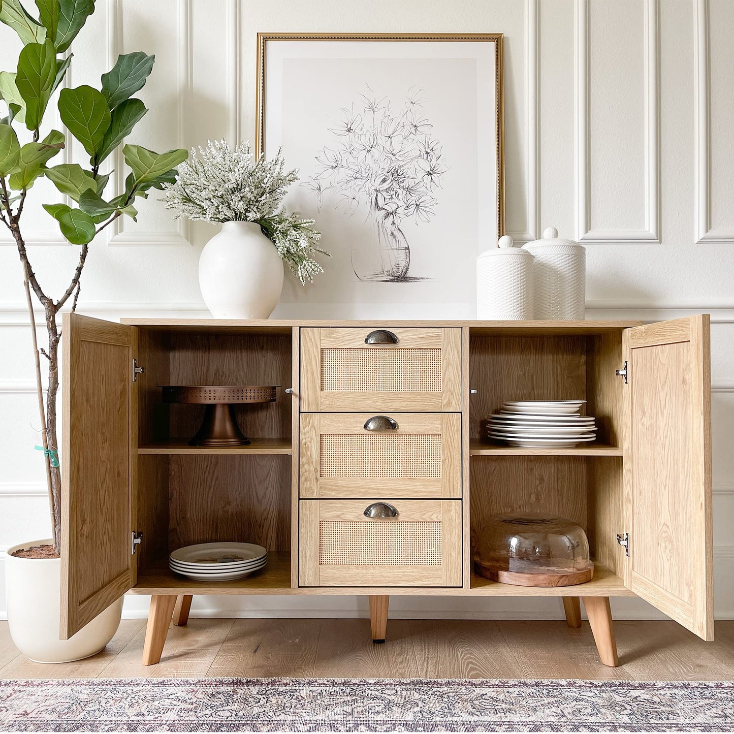 Rattan Sideboard Buffet Cabinet with Doors and Drawers, Console Table